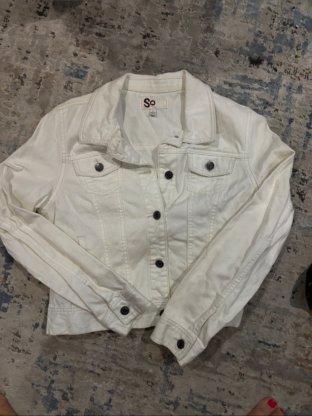SO Women's White Denim Jacket with Button Front size Large